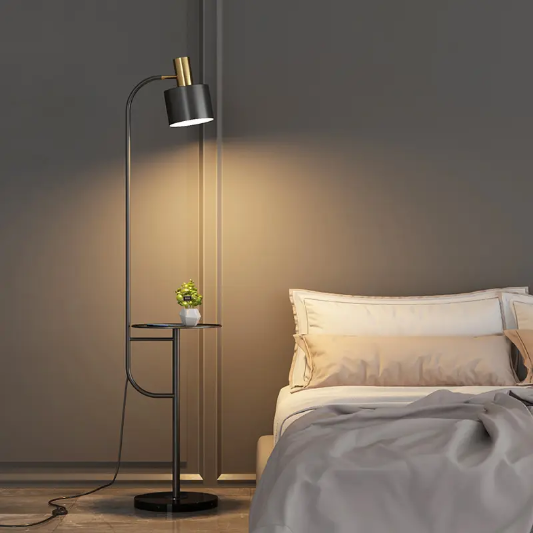 Modern Mid-Century Standing Floor Lamp with Side Table & Charging Station