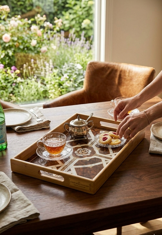 Premium Wooden Serving Tray with Enamel Inlay – Luxury Tea & Coffee Serving Tray