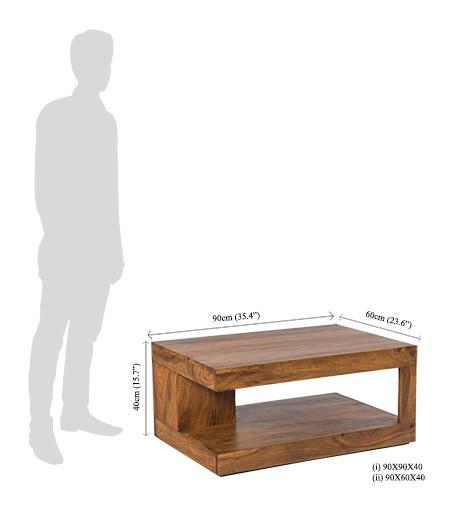 Wooden coffee table with dimensions shown relative to a human figure on a white background