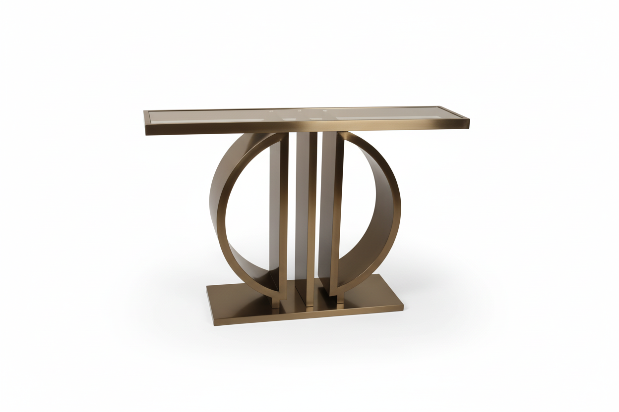 Modern console table with circular design on a white background