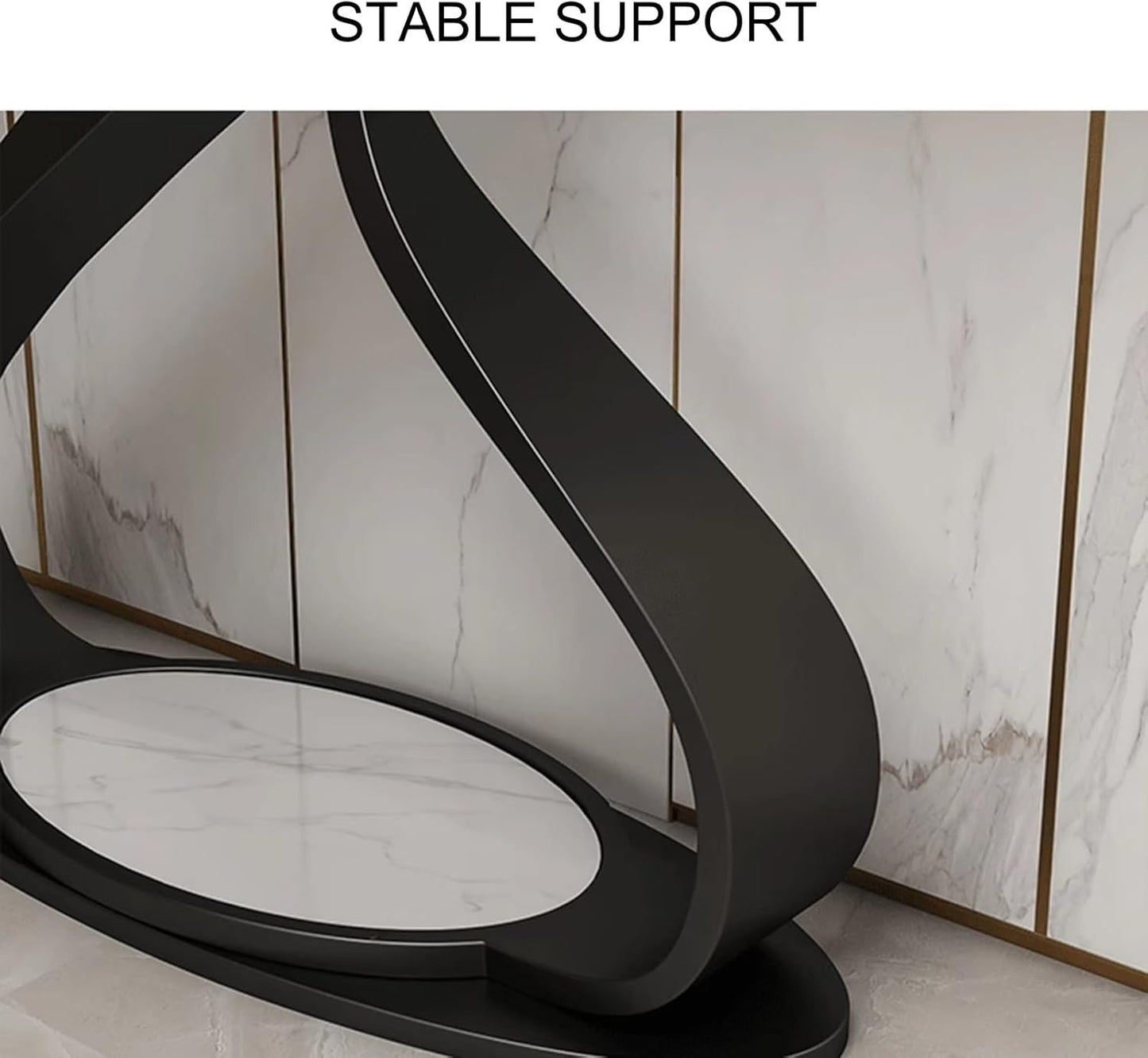 Modern black floor lamp with marble base against a marble wall.