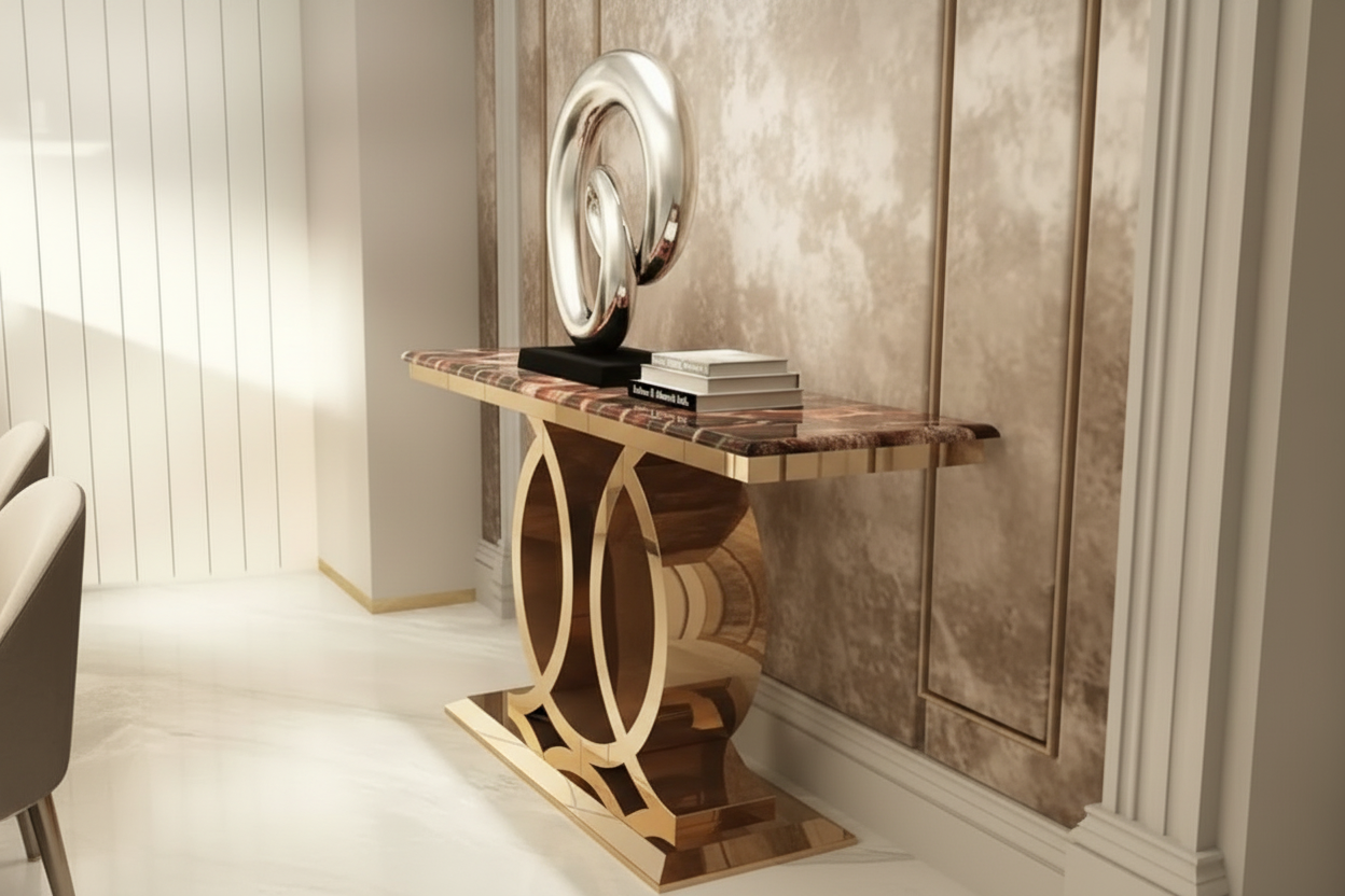 Decorative console table with marble top and gold base in a stylish interior setting.
