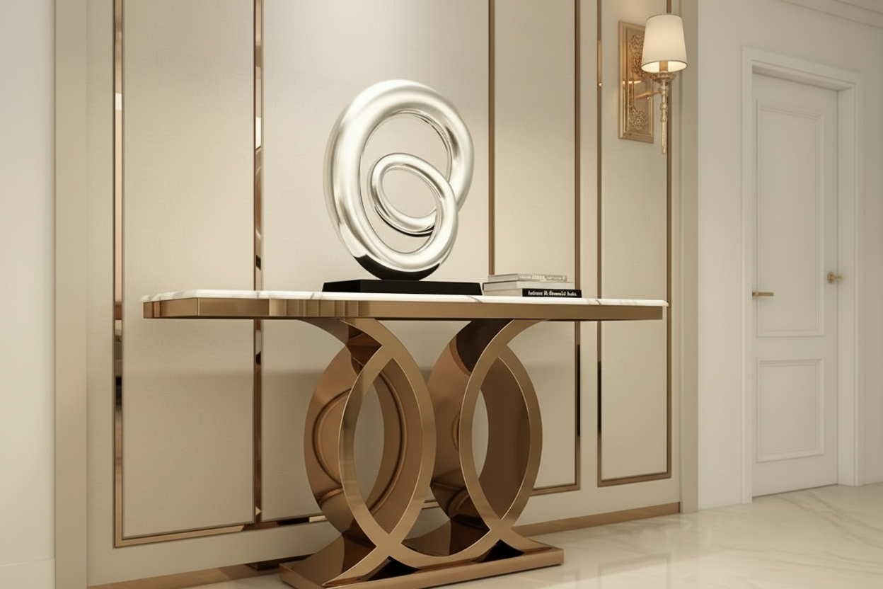 Modern console table with decorative sculpture against a neutral wall.