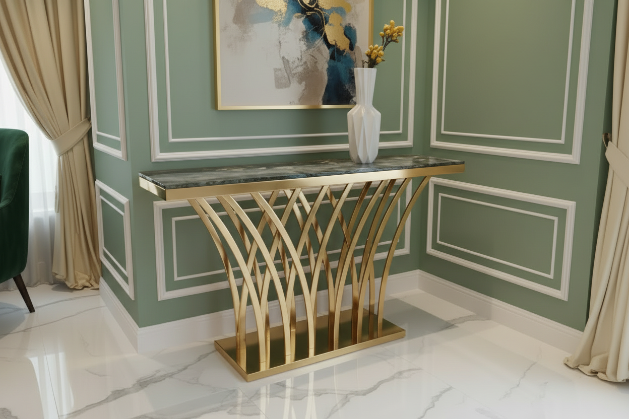 Modern Console Design – White Marble Top & Golden Metal Base Entryway Table