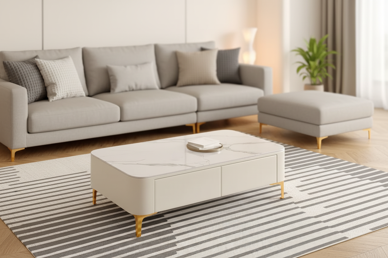 Modern living room with a gray sectional sofa, coffee table, and striped rug.
