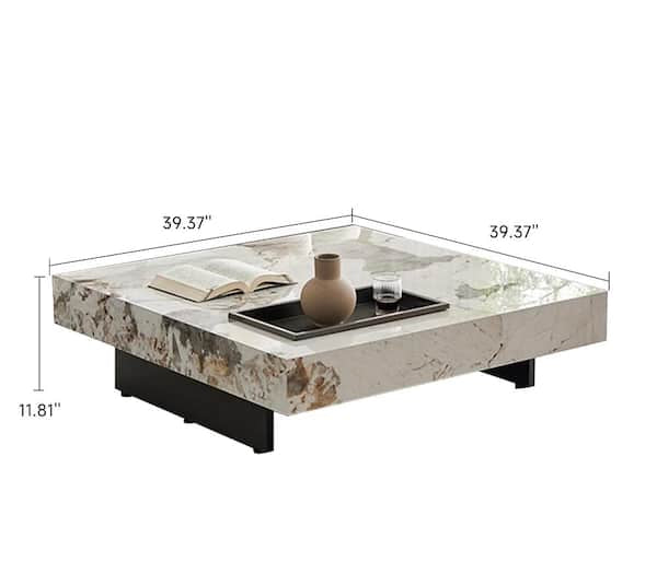 Coffee table with marble-like top and black base, featuring dimensions on a white background.