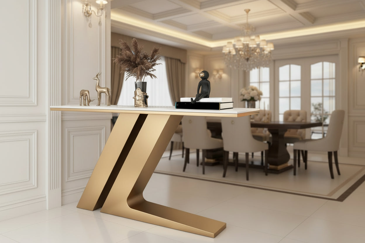 Modern Entryway Console Table with Black Composite Marble Top & Stainless Steel Base