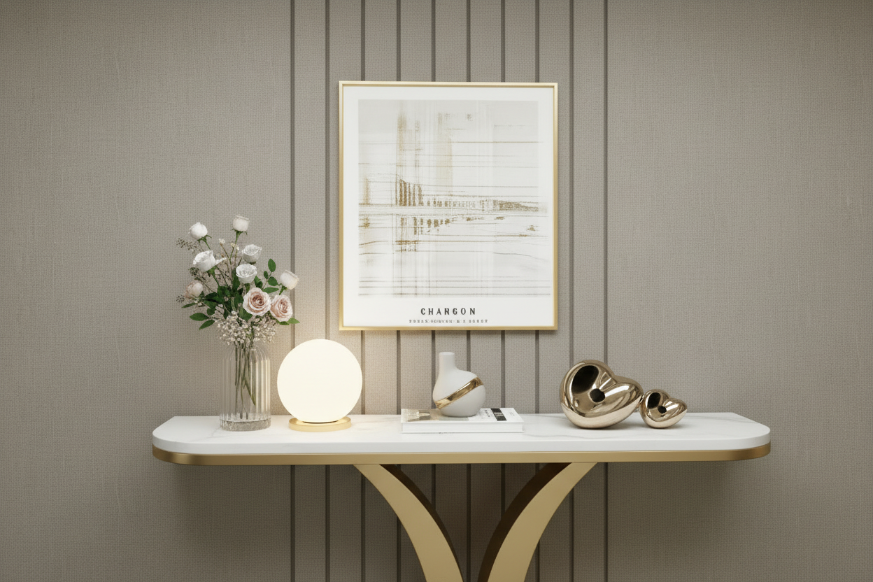 Decorative console table with a lamp, vase, and decorative items against a wall with a framed picture.