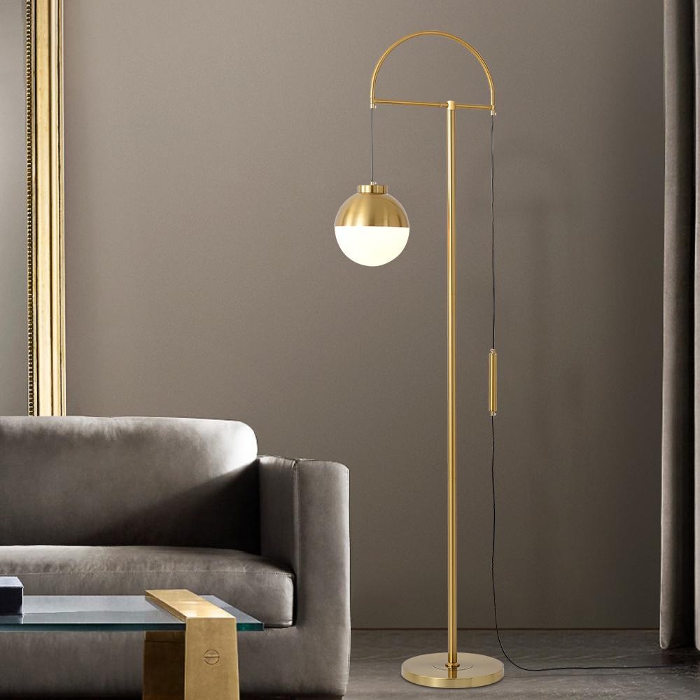 Modern Arc Gold Floor Lamp with White Glass Globe Shade – Luxury Standing Light