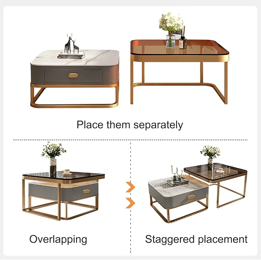 Two coffee tables with different placement styles on a white background
