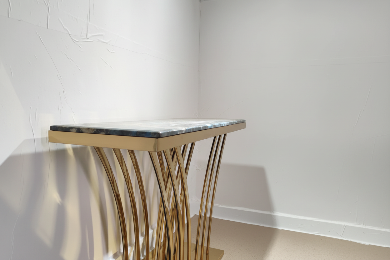 Modern Console Design – White Marble Top & Golden Metal Base Entryway Table