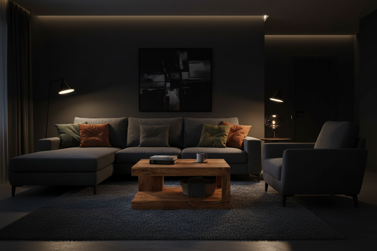 Dark living room with a sofa, coffee table, and decorative pillows.