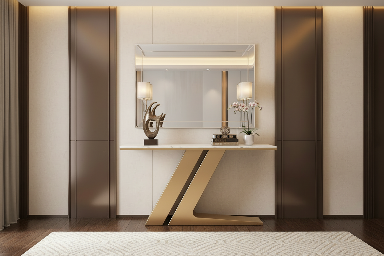 Modern Entryway Console Table with Black Composite Marble Top & Stainless Steel Base