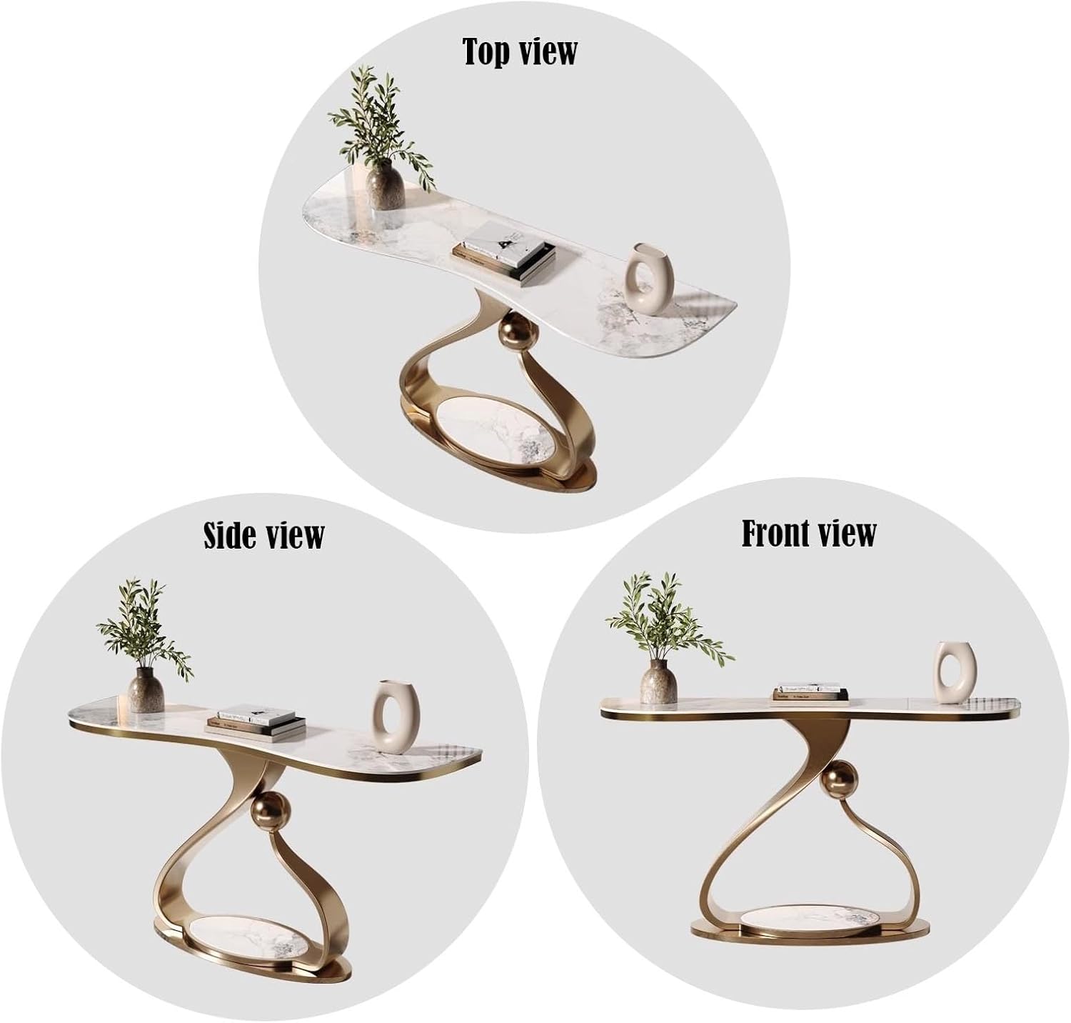 Gold side table shown from top, side, and front views on a white background.