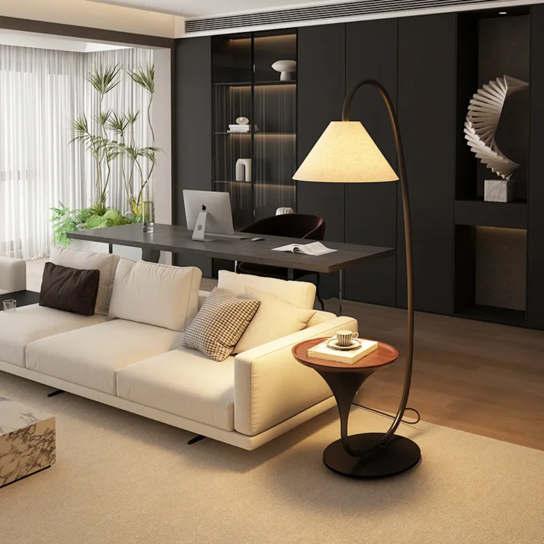 Modern Smart Wood & Metal Standing Floor Lamp with Table – Fabric Shade | Bedroom & Living Room Side Table Lamp