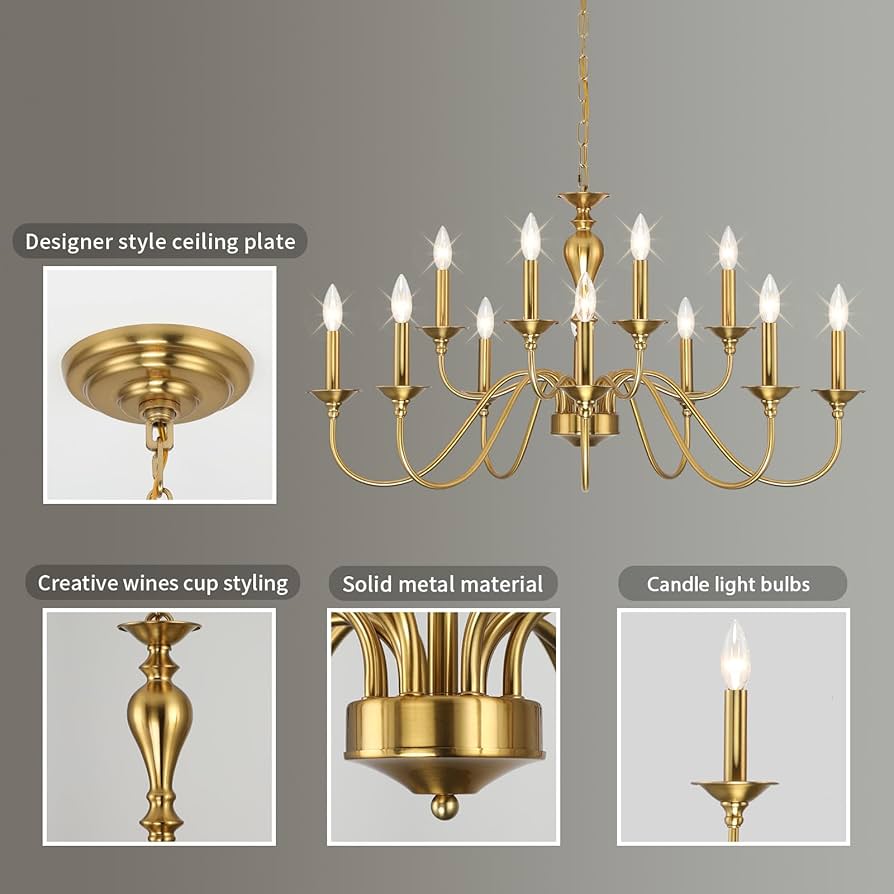Luxury 12-Light Gold Farmhouse Chandelier – Industrial Candle Hanging Light for Dining & Living Spaces