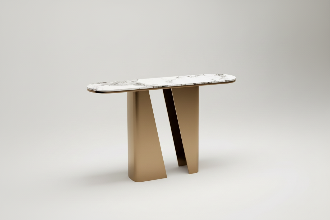 Modern Half‑Moon Console Table – Stone Top with Gold & Black Frame