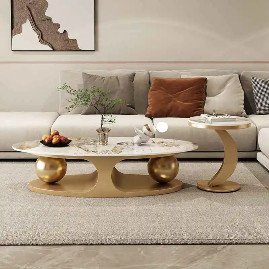 Modern living room with a beige sofa, marble coffee table, and decorative elements.