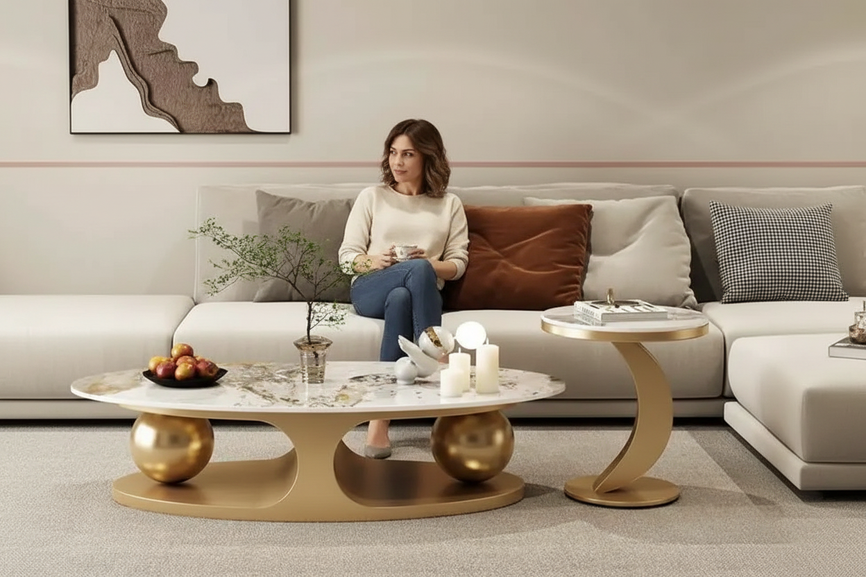Modern living room with a beige sofa, marble coffee table, and decorative elements.