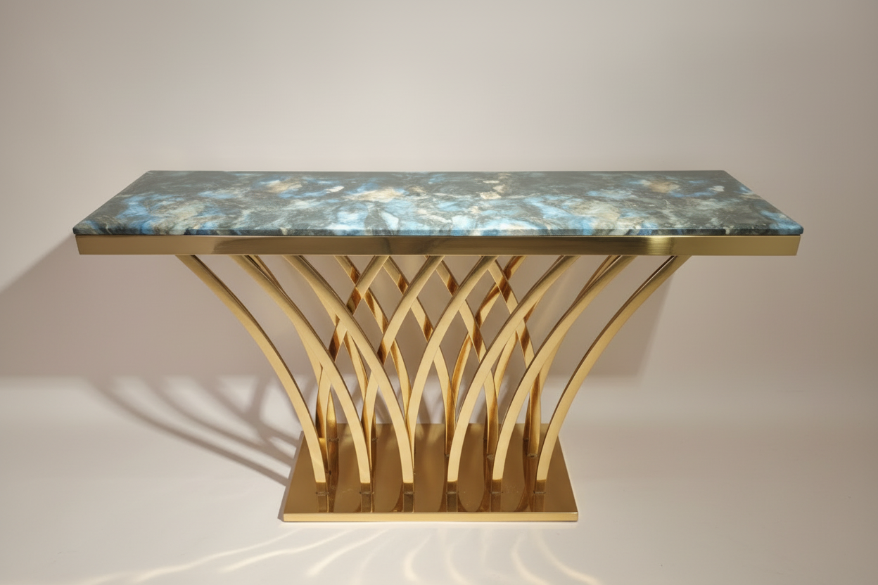 Modern Console Design – White Marble Top & Golden Metal Base Entryway Table