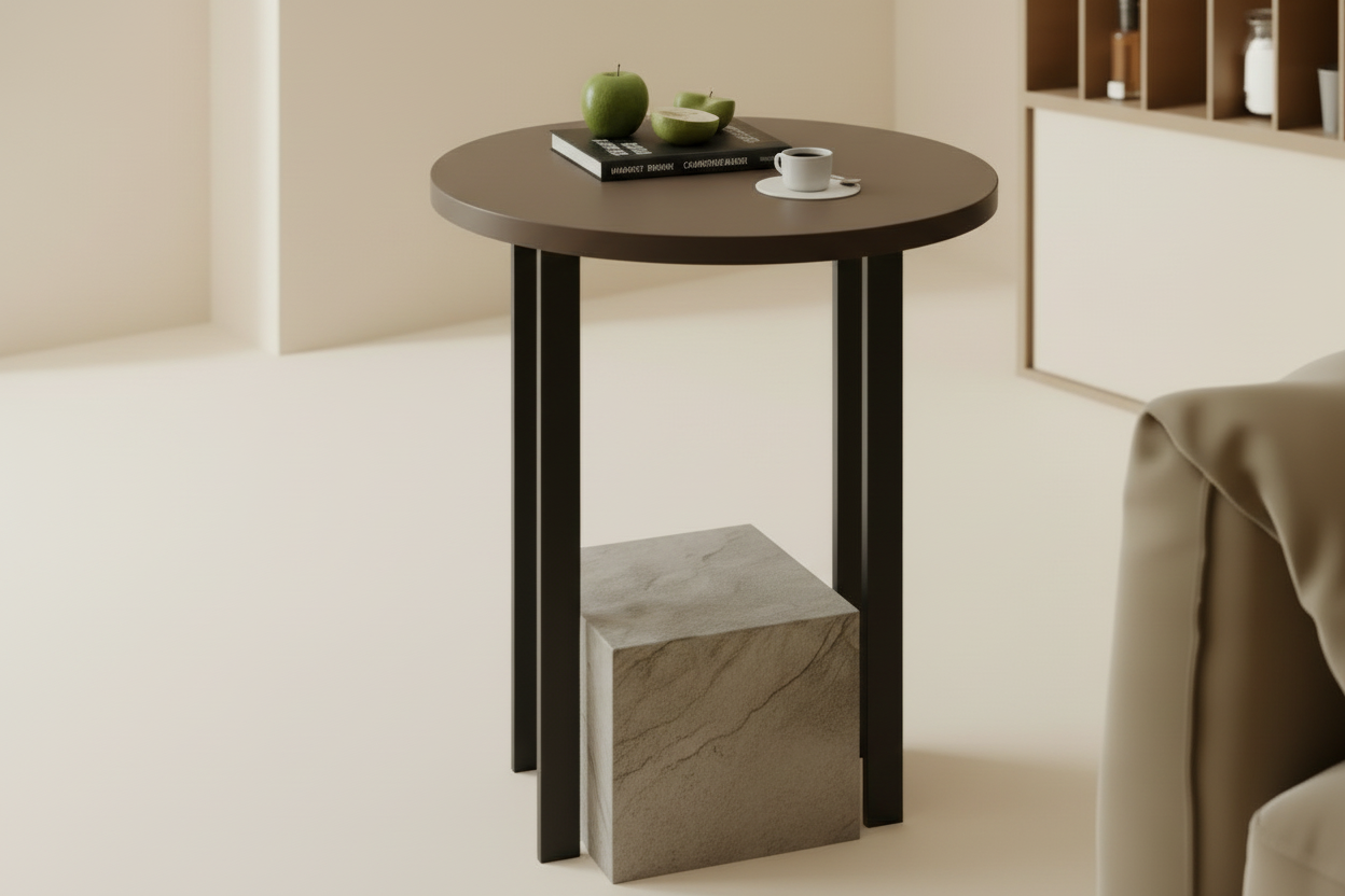 Round wooden side table with a marble base in a modern room setting.