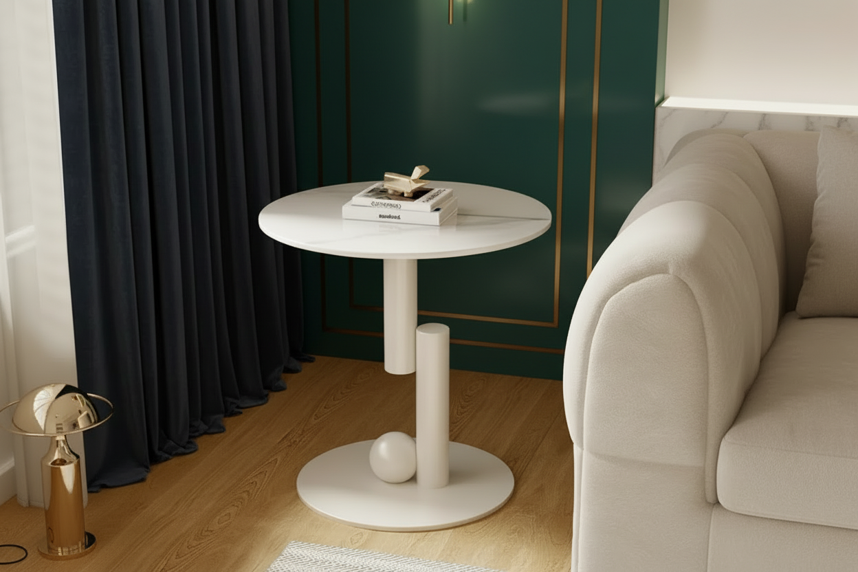 White round side table with books on a wooden floor next to a sofa.