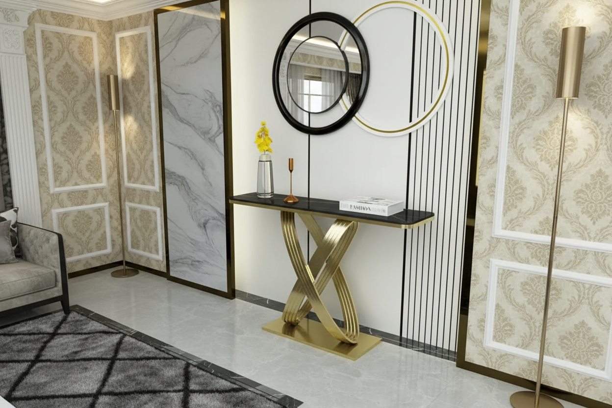 Modern Stainless Steel X-Shape Console Table – Sleek Entryway & Living Room Furniture