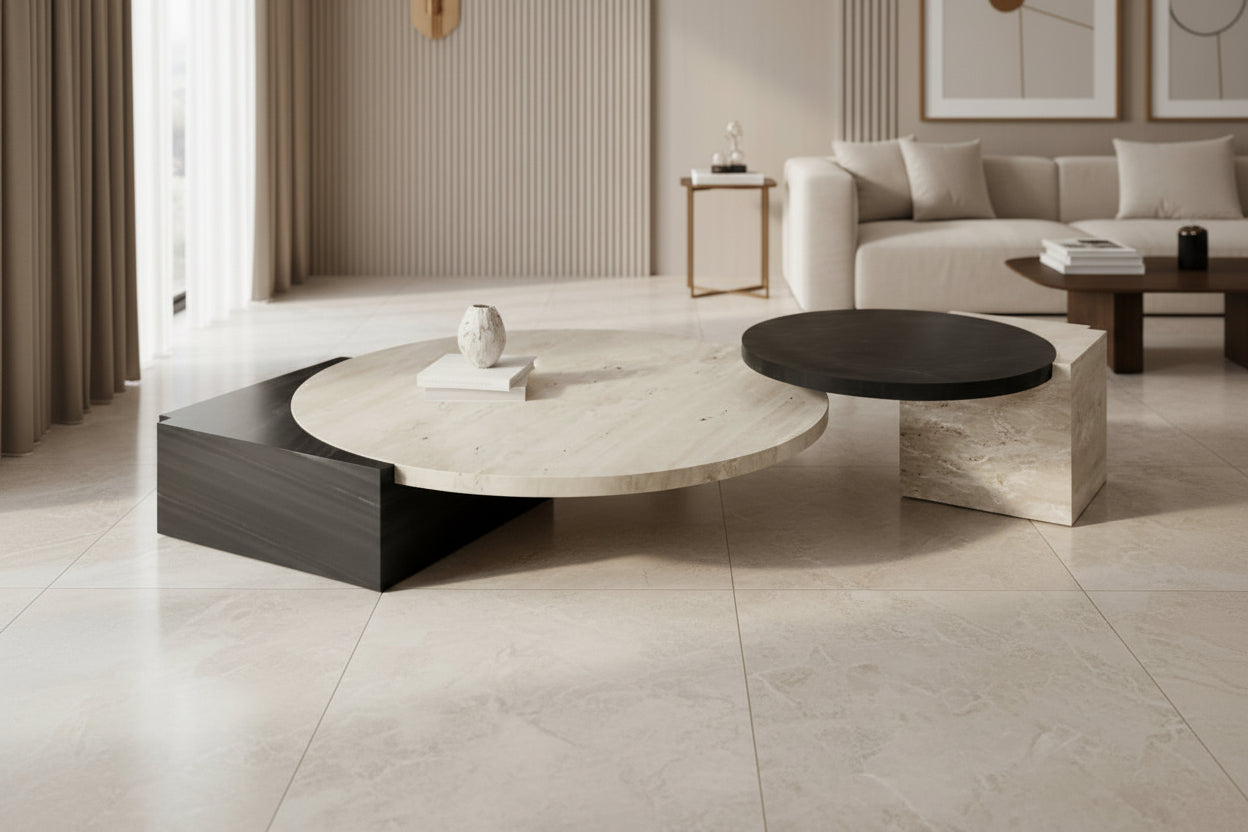 Modern coffee table with two round platforms on a white background