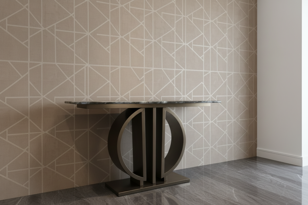 Modern dining table with unique base design against a geometric-patterned wall.