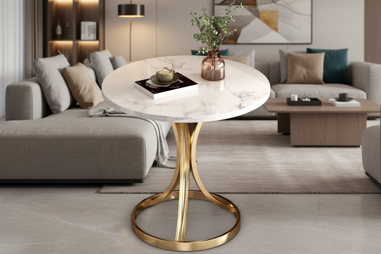Round marble table with gold legs on a white background