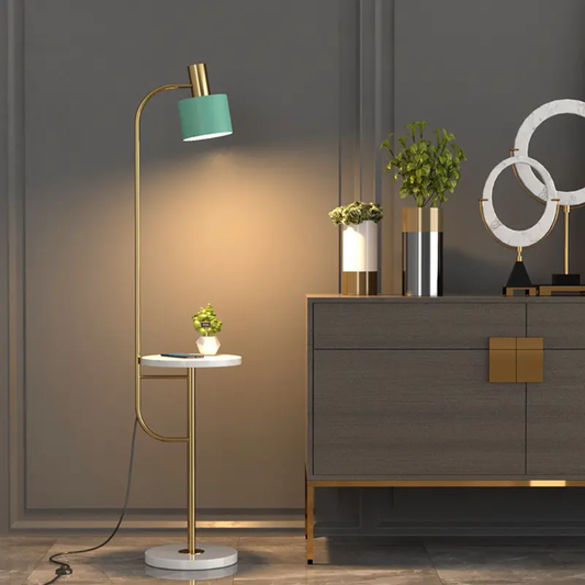 Modern Mid-Century Standing Floor Lamp with Side Table & Charging Station