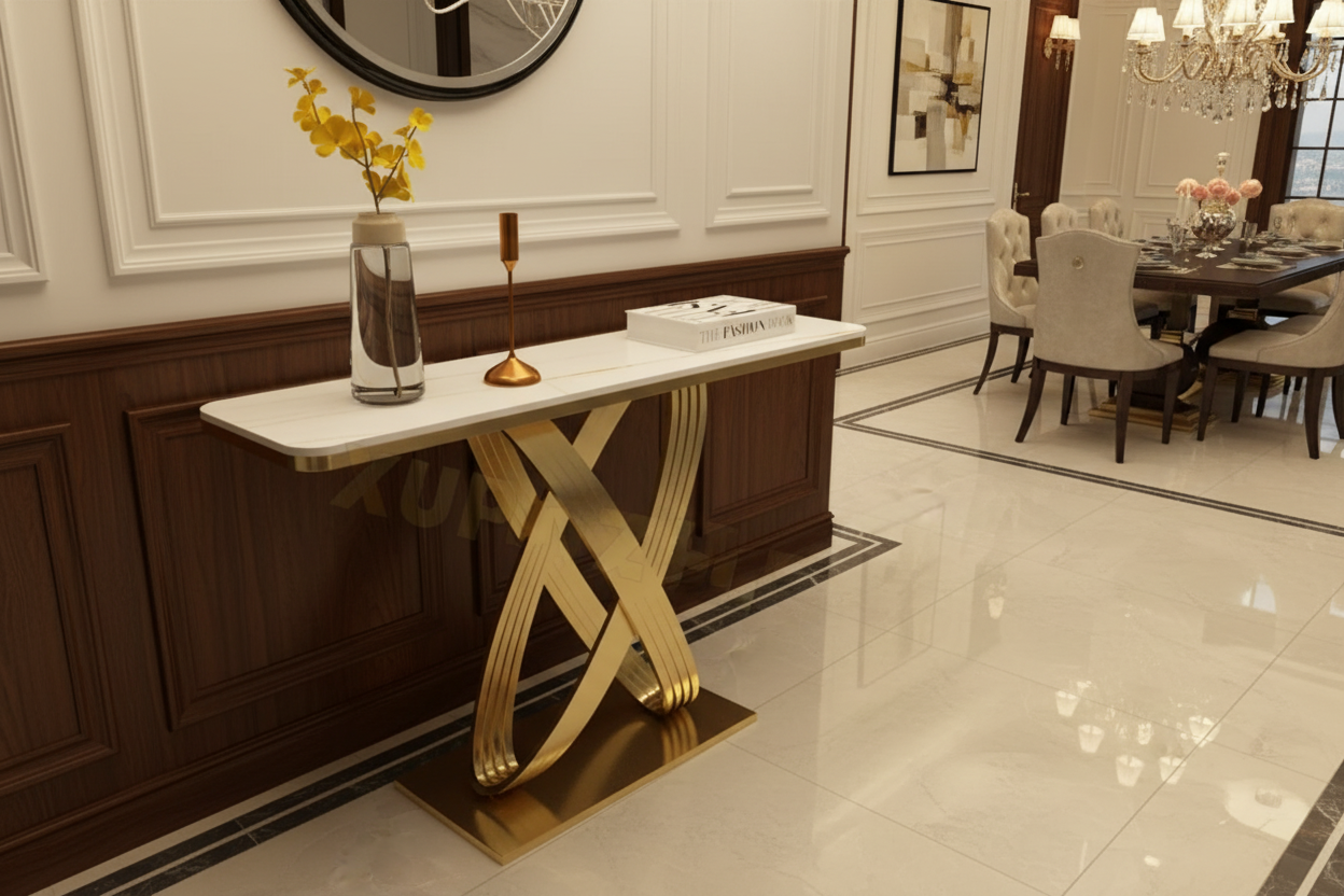 Modern Stainless Steel X-Shape Console Table – Sleek Entryway & Living Room Furniture