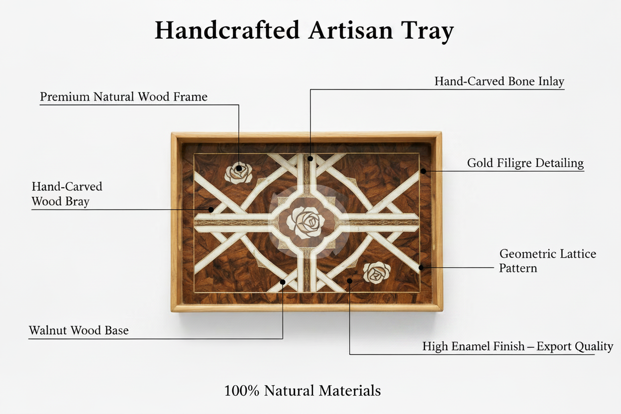 Premium Wooden Serving Tray with Enamel Inlay – Luxury Tea & Coffee Serving Tray