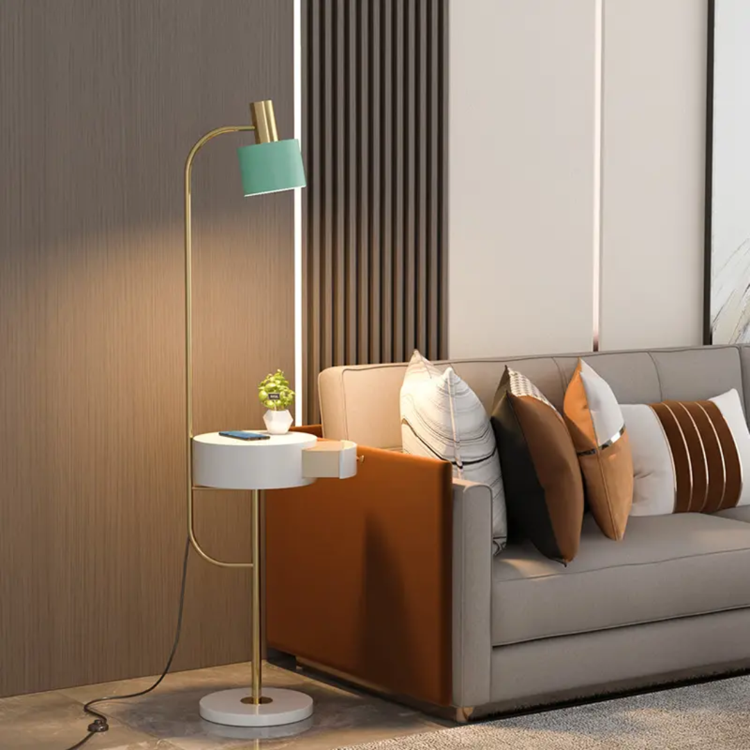 Modern Mid-Century Standing Floor Lamp with Side Table & Charging Station