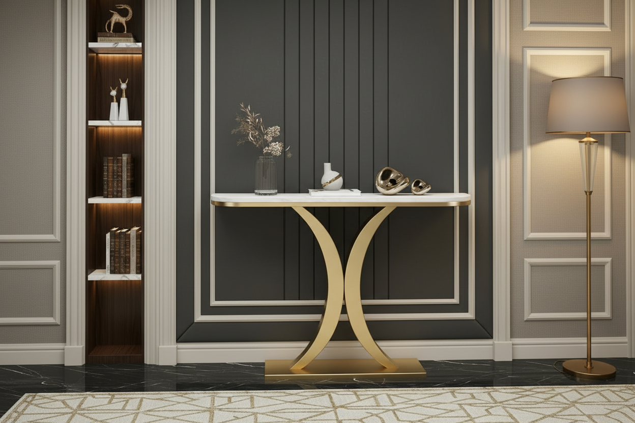 Decorative interior setting with a console table, lamp, and shelves.