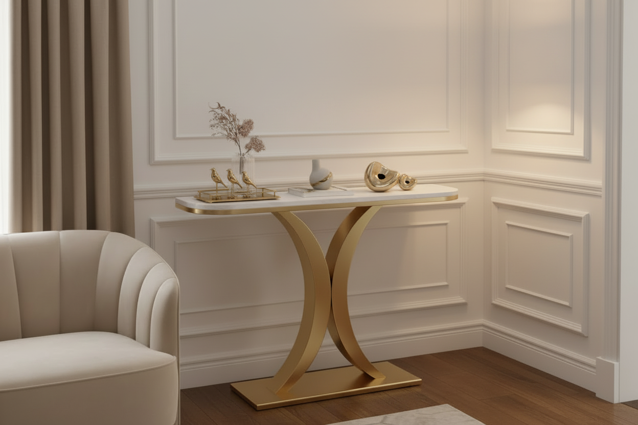 Modern console table with gold base and white marble top on a white background