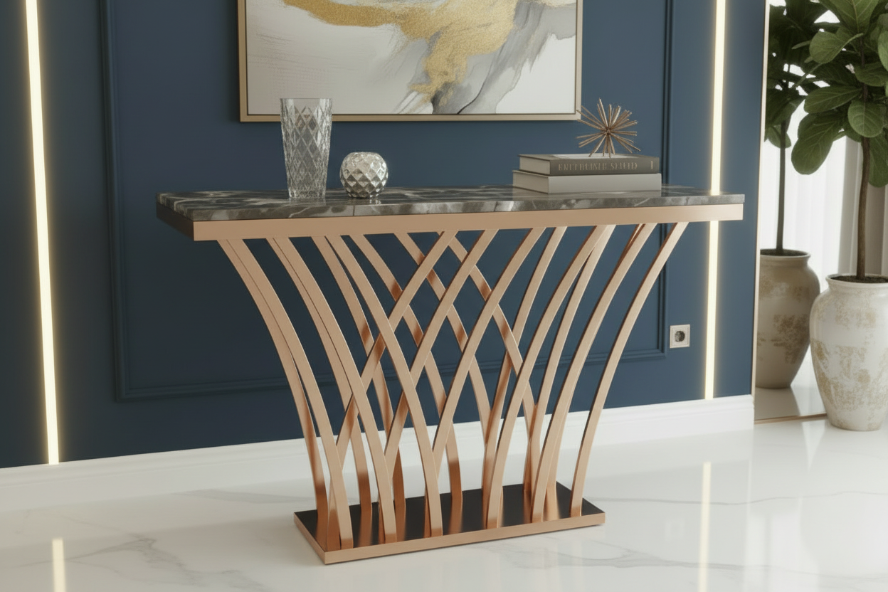Modern Console Design – White Marble Top & Golden Metal Base Entryway Table