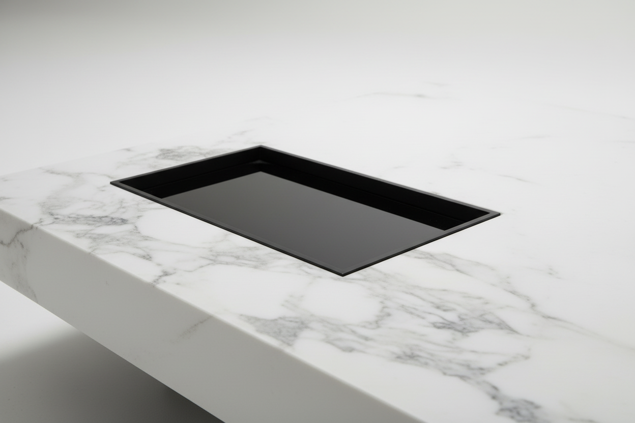 Modern coffee table with marble top and black tray on a gray floor.