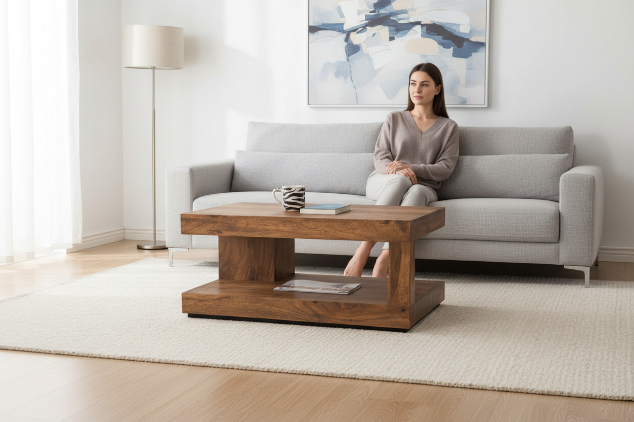 Woman sitting on a gray sofa in a modern living room with a wooden coffee table.