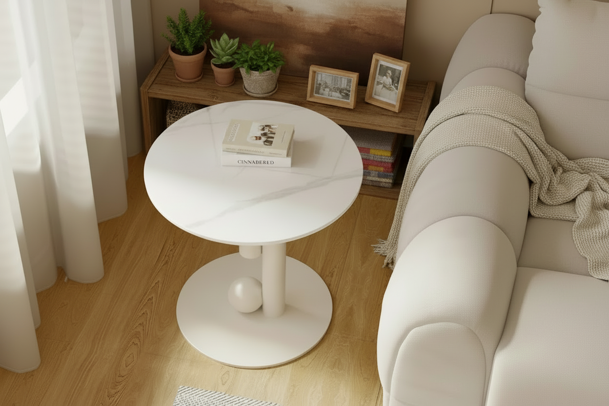 White side table with a book on a wooden floor next to a white curtain and sofa.