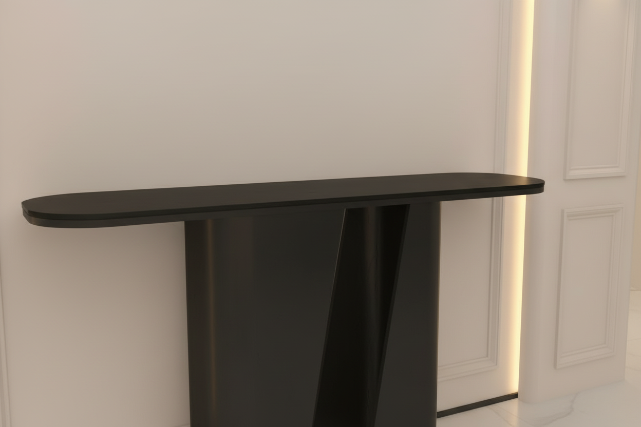 Modern Half‑Moon Console Table – Stone Top with Gold & Black Frame