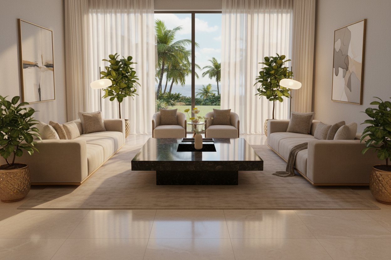 Black marble coffee table with a vase of flowers on a gray floor.