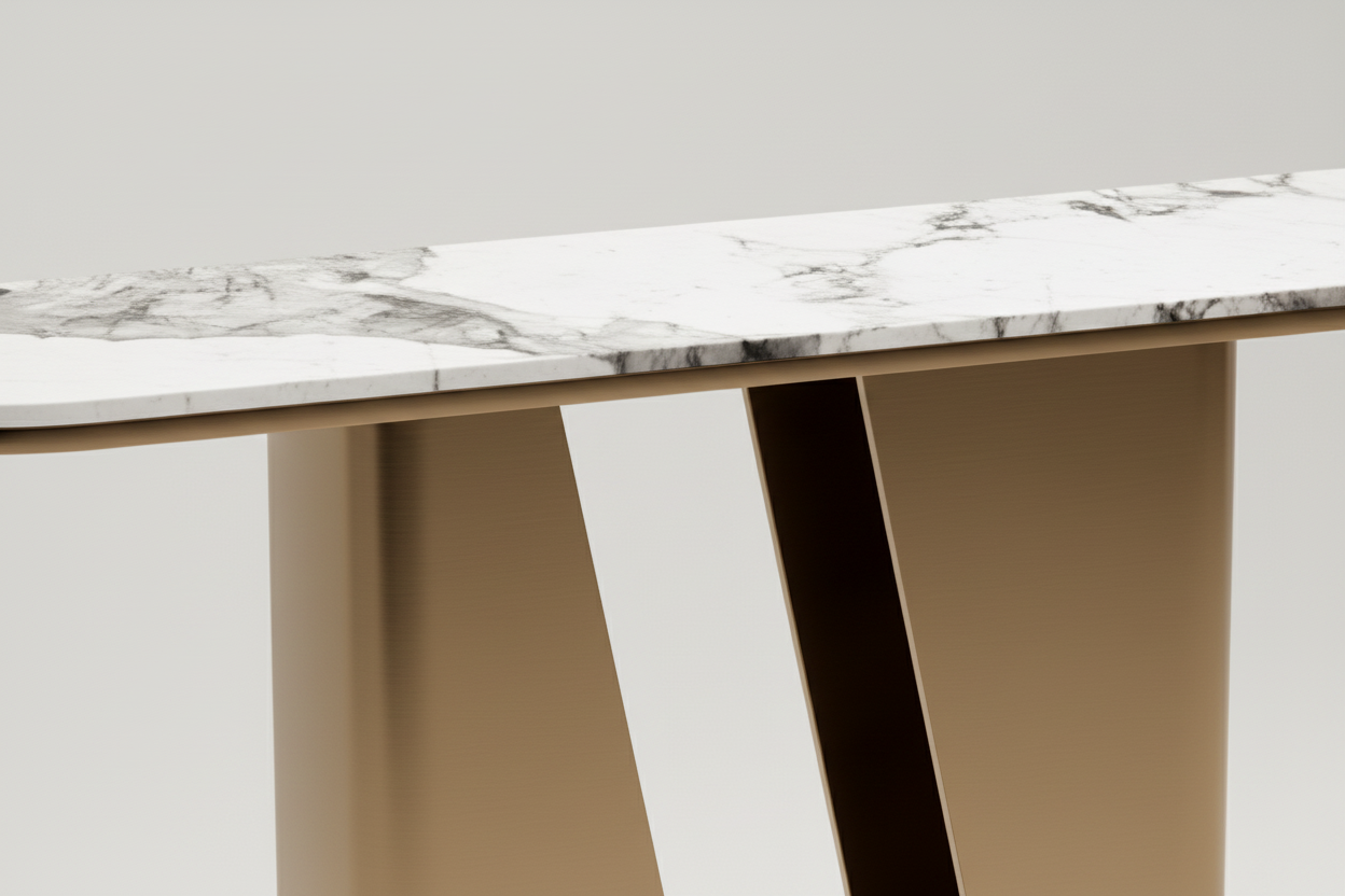 Modern Half‑Moon Console Table – Stone Top with Gold & Black Frame