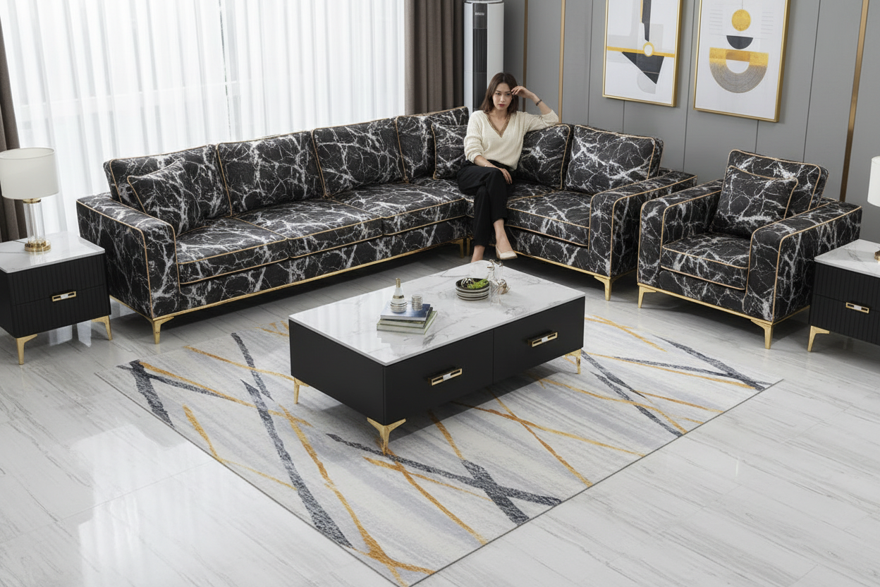 Modern living room with a black and white marble-patterned sofa set, coffee table, and decorative rug.