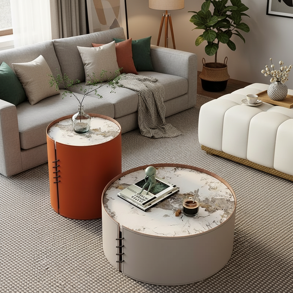 EVIA Luxury Coffee Table Set – Modern Wooden Top with Metal Base and PU Leather