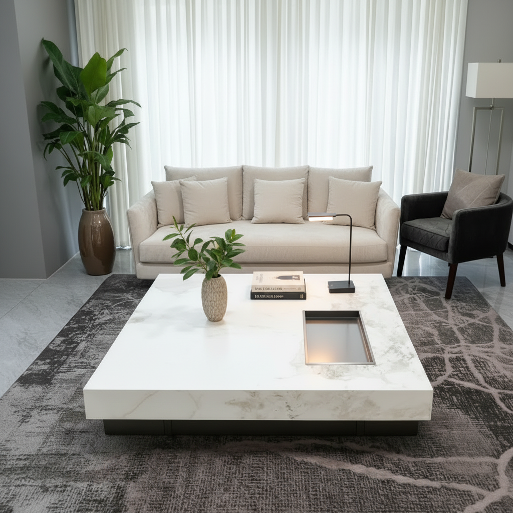 Woman sitting on a beige sofa in a modern living room with a white marble coffee table.
