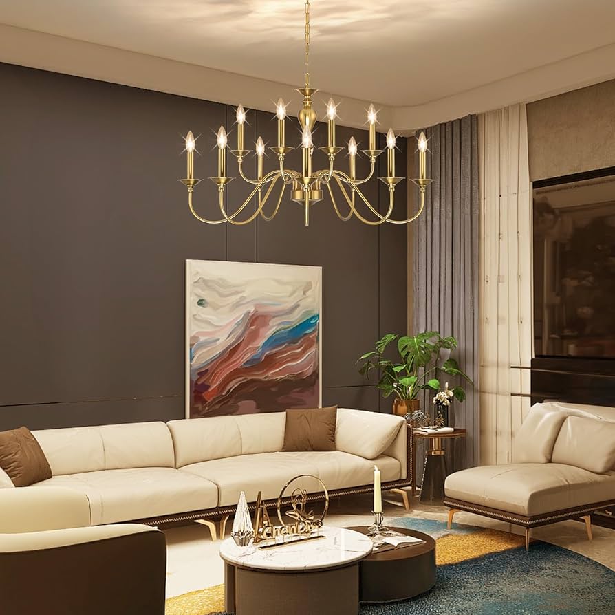 Luxury 12-Light Gold Farmhouse Chandelier – Industrial Candle Hanging Light for Dining & Living Spaces