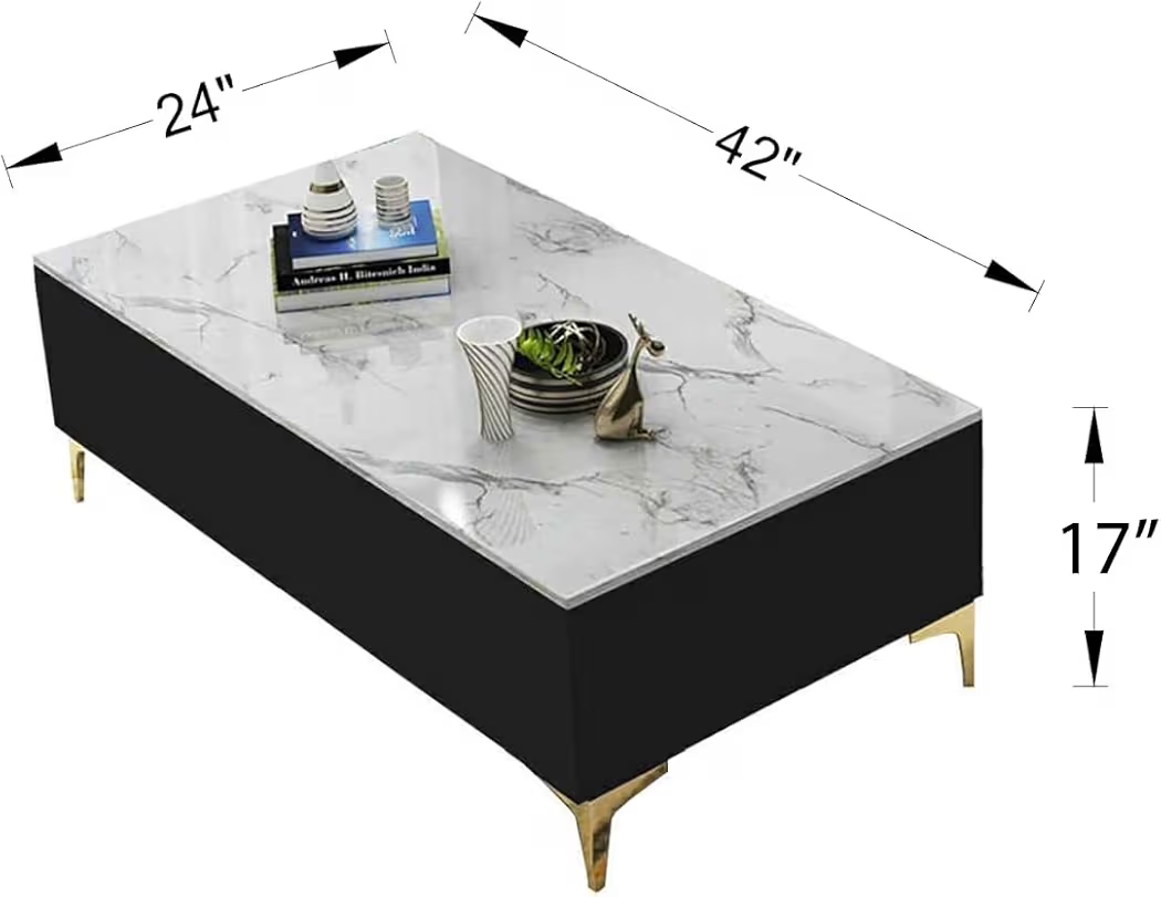Coffee table with marble top and black base, dimensions indicated
