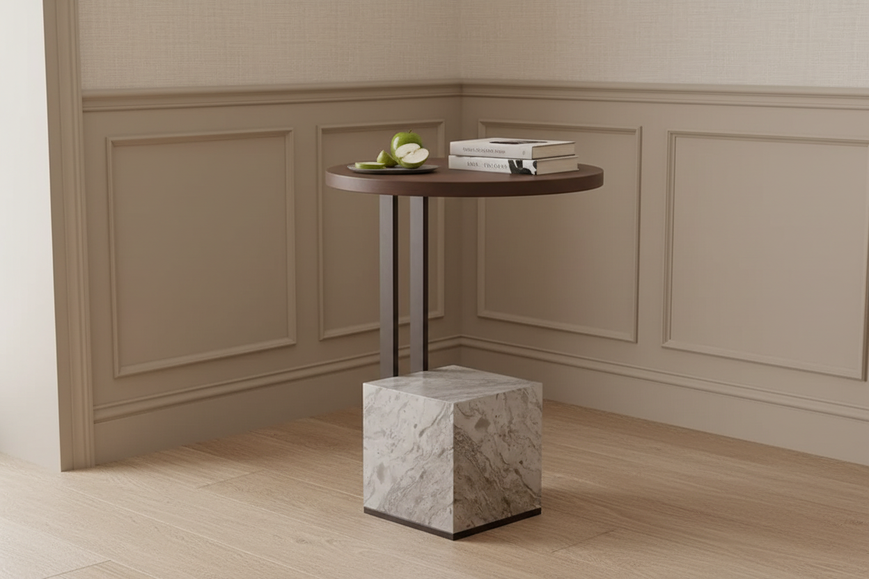 Small round table with marble base in a minimalistic room
