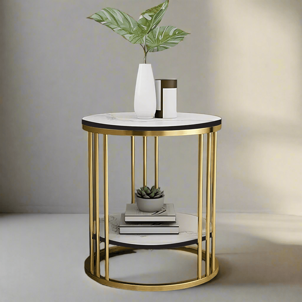 Elegant N I CREATIONS Side Table end with golden frame and marble top, perfect for modern decor